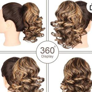 14 Inch Brown Highlight Synthetic Loose Curl Drawstring Ponytail w/Eyelashes